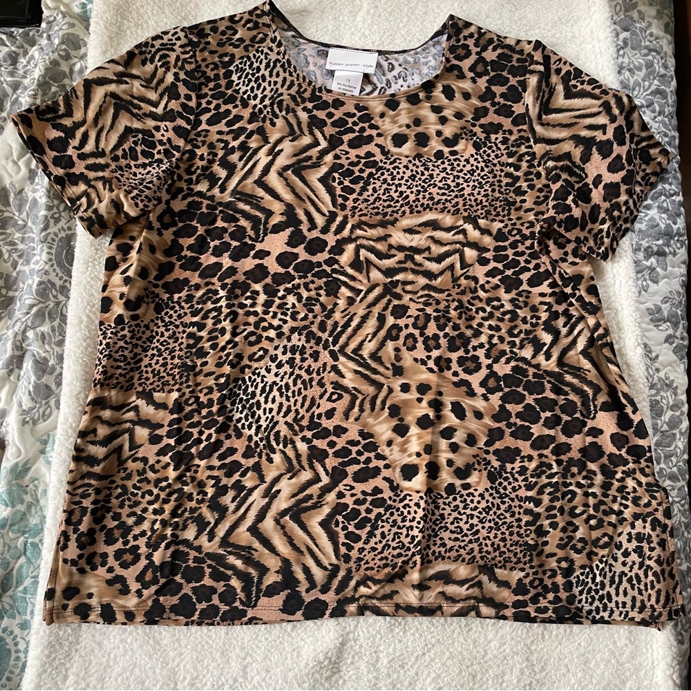 Vintage Susan Graver Womens Cheetah Print Stretch Shirt A01747 1X